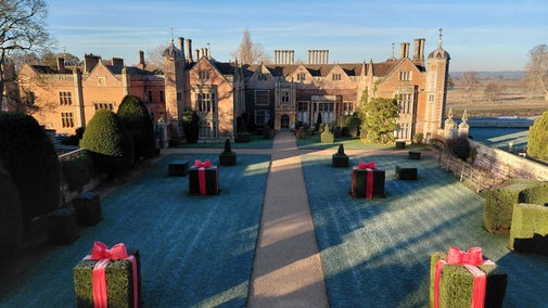 Charlecote House and Green Court decorated for Christmas, bird's eye view from the Gatehouse